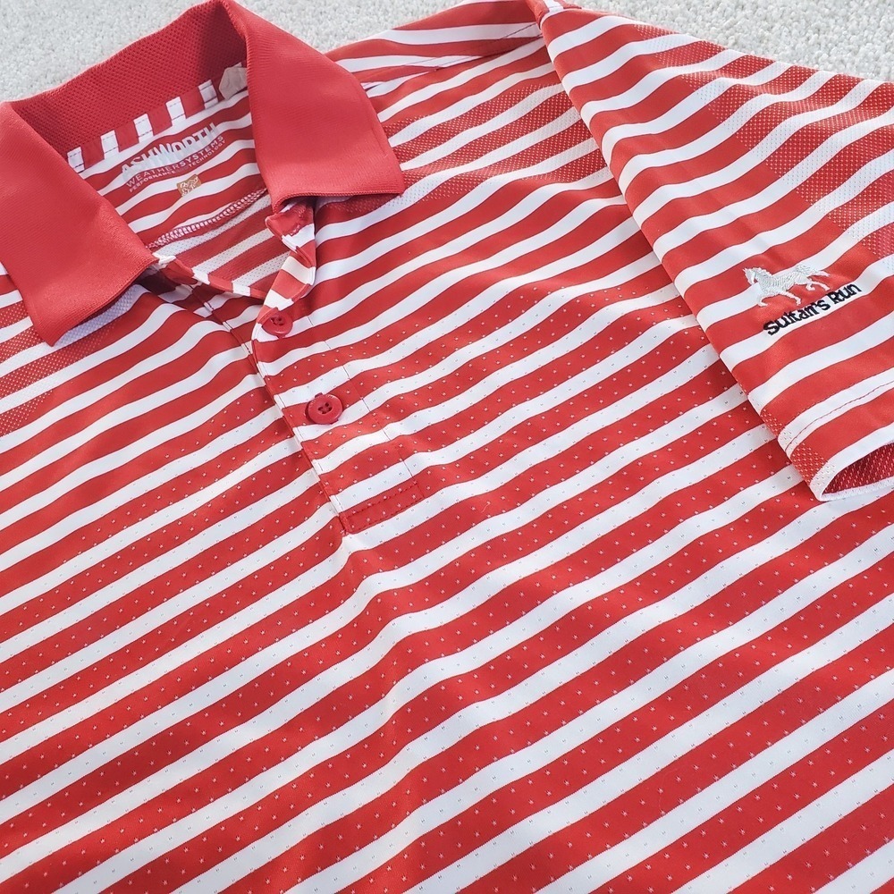 Ashworth Men's Polo Shirt Size M Orangey Red White Stripe Sultans Run Golf Logo‎